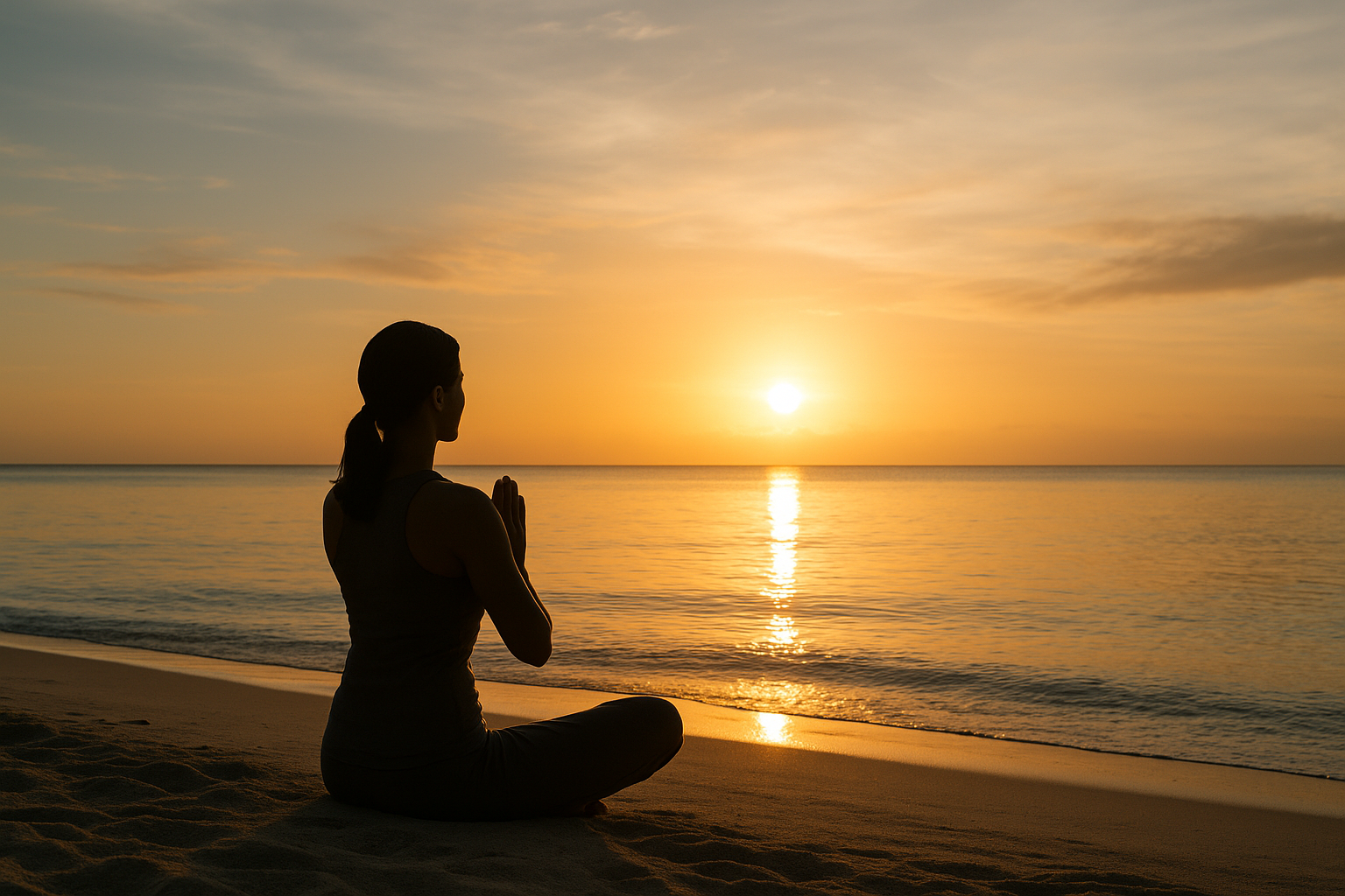 Woman meditating at sunrise on beach